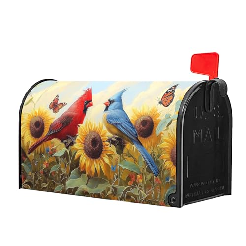 Image of Sunflower Birds Mailbox Cover Magnetic 25.5x21 Inch Large Size Spring Summer Floral Butterfly Waterproof Mailbox Wrap Post Cover for Outdoor Outside Garden Yard Seasonal Decor