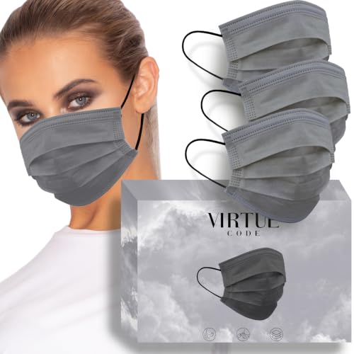 Image of VIRTUE CODE Charcoal Support Face Masks - Soft 3 Ply Comfort Colorful Disposable Face Mask 50 Pack. Adults Mens and Womens Dark Gray Disposable