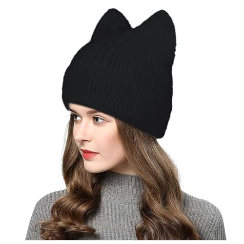 Generisch 2025 Frauen Stricken häkeln pelzige Plüsch Katze Hut mit Ohr Slouchy Wolle Faux Winter warme Hüte Mütze Mit Halsschutz Kinder (Black, One Size)