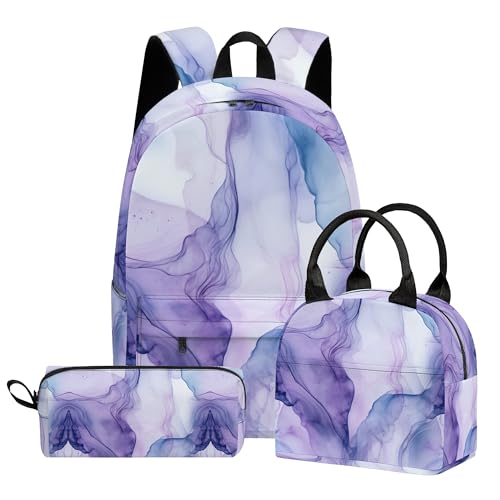Scovotec Marble 3PCS Backpack for Boys Girls Kids Back to School Backpack Set with Lunch Box Pencil Case 17 Inch Lightweight Bookpack 3 in 1 Set for Teens Elementary Middle High School Students