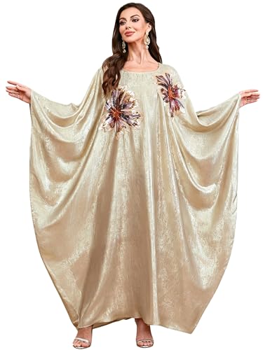 Qianliniuinc Women Elegant Apricot Abaya Kaftan Batwing Sleeve Arabic Dress