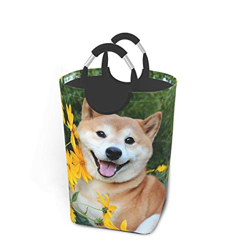 かわいい 柴犬とひまわり ランドリーボックス 洗濯バスケット ランドリーかご 洗濯ボックス 収納ボックス 収納バッグ 脱衣かご シンプル 防水取っ手付き 折りたたみ オックスフォード 大容量 32×28×57.5cm