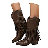 LDXEQIZ Botas Cortas con Flecos Botas Vaqueras Western Retro for Mujer Botines De Cuero De PU con Tacón Cuadrado Botines De Punta Fina con Tachuelas Zapatos De Tobillo for Conciertos(36 EU)