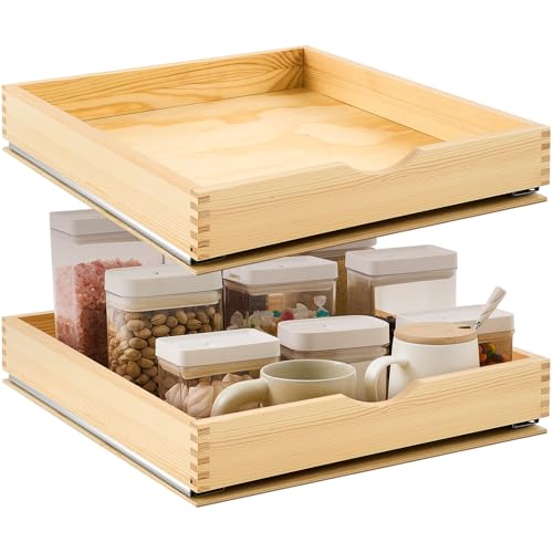 Menkxi 2 Set Pull Out Tray Cabinet Organizer 20'' × 21'' Soft Close Wooden Slide Out Pantry Shelf with Fixed Wooden Base Plate Drawer for Home Storage Fully Assembled Kitchen Accessories