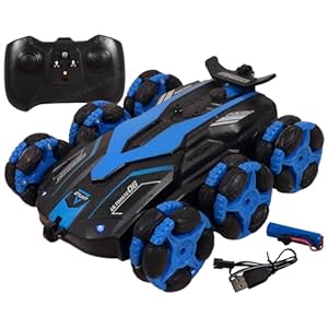 Toyshine 6 Wheels 360°Rotating Remote Control Rechargeable Stunt Car Swing Arm Deformation Off Road 2.4GHZ – Blue
