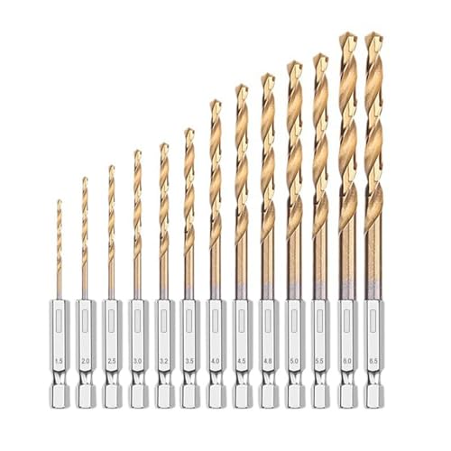 KOZTOL 13Pcs Titanium Twist Drill Bit Set, 1/4" Hex Shank Drill Bit Set, HSS Titanium Impact Hex Drill Bits 1.5-6.5mm for Wood, Steel, Metal, Plastic, Quick Change Design