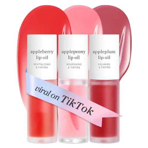 Image of NOONI Korean Lip Oil Set - Appleberry, Applepeony & Appleplum - Long-Lasting, Moisturizing, Revitalizing - Waterproof, No Peel Off, Stocking Stuffers (3EA, 0.12 fl oz)