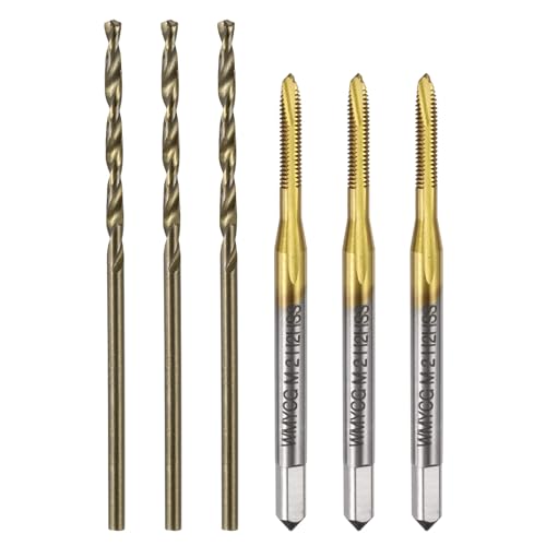 QUARKZMAN Metrischer Gewindebohrer- und Bohrersatz, 3 Stück M2 x 0,4 Spiralbohrer mit Spiralspitze, titanbeschichtet und 3 Stück 1,6 mm Spiralbohrer, gelb geröstet, Gewindeschneidwerkzeuge