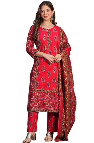 Image of Amayra Women's Pure Cotton Printed Straight Kurta Set with Palazzo pants & dupatta|Ethnic wear|Kurti Suit Set for Women
