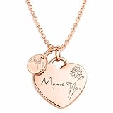 BS Schmuckdesign Personalisierte Kette Damen mit Gravur – Herzkette mit Namen & Monatsblume, individuelle Wunschgravur hinten, persönliches Geschenk für Frauen (Roségold)
