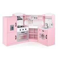 COSTWAY Kids Corner Play Kitchen, 9-in-1 Wooden Pretend Cooking Playset with Realistic Lights & Sounds, Accessory Utensils, Children's Chef Role Play Set for Boys Girls (Pink)