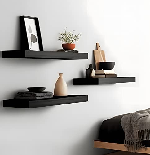 Wood Floating Shelves for Wall, Wooden Wall Shelves for Bedroom, Wall Mounted Shelves for Living Room, Set of 6 Black - Image 3