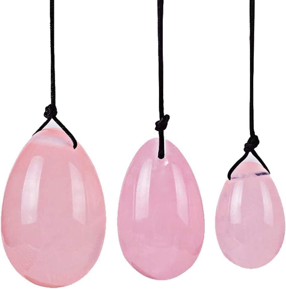 Natural Crystal Quartz 3pcs Set Yo-ni Jade Eggs Massage Stone for Women Body Massage P-C Muscle Training Wellness Chakra Healing Body Exercise Relax (Rose Quartz)