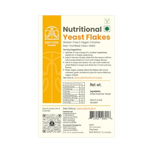 Image of Sattvic Foods Nutritional Yeast Flakes (350 g) Rich in Fibre & B Vitamins, Vegan, Cheesy flavour | Non-Fortified, Non-GMO, Gluten-Free Superfood | Sprinkle on Salads, Popcorn, Pasta and Pesto