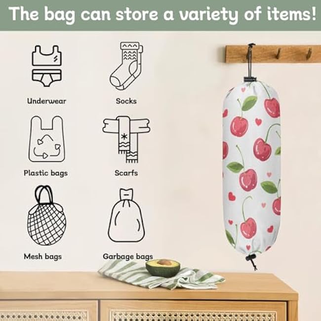 Plastic Bag Holder Set of 2 Cherries Plant Grocery Bags Holders Shopping Trash Bag Dispenser Wall Mount Reusable Kitchen Storage Organizer 20.5 x 8.7 in