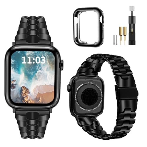 Thin Metal Band Compatible with Apple Watch Band 38mm 40mm 41mm 42mm 44mm 45mm 49mm, Dressy Stainless Steel Chain Strap, Slim Fancy iWatch Band with Case for Women Men