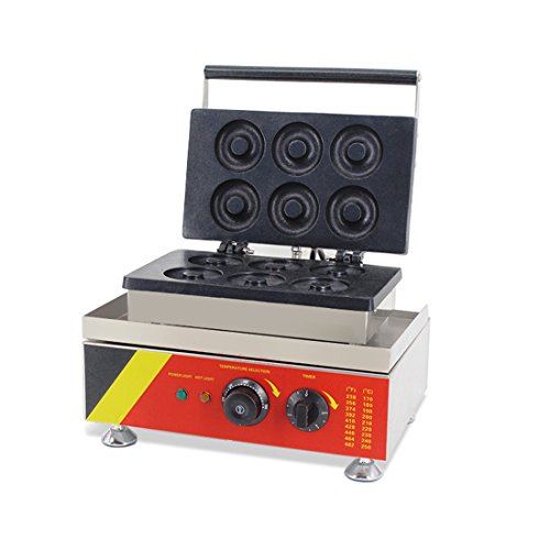 Pevor Donut Maker Donut machine Waffle Maker Home and Commercial Automatic Electric 6 PCS Stainless Steel Hot 1500W (Silver & Red)