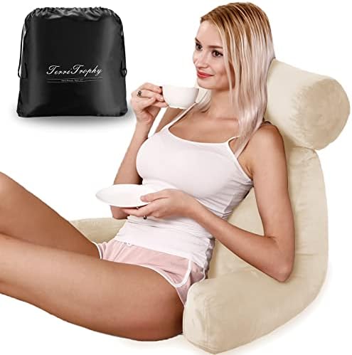 TerriTrophy Bed Rest Reading Pillow with Neck Support, with Storage Bag for Adult Arm Rest Reading Pillow for Sitting in Bed