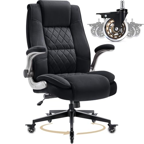 Fabric High Back Office Chair with Lockable Quiet Casters Thick Padded Ergonomic Computer Chair- Adjustable Lumbar Support & Flip-Up Arms Wide Executive Desk Chair for Back Pain 400LBS Capacity