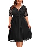 Pinup Fashion Black Cocktail Dress Plus Size Women Lace Top Chiffon Wedding Guest Dresses Semi-Formal Party Evening Wrap V Neck Dress