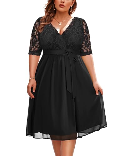 Pinup Fashion Black Cocktail Dress Plus Size Women Lace Top Chiffon Wedding Guest Dresses Semi-Formal Party Evening Wrap V Neck Dress