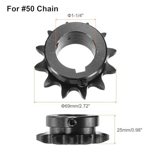 Image of uxcell #50 Chain Roller Sprocket B Type, 1-1 /4 inch Bore 12 Tooth Single Strand Chain Sprocket, Carbon Steel, Keyway with Set Screws