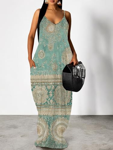 Image of SUZONANA Women's Plus Size Summer Dresses Spaghetti Print Midi Dresses Long Loose Sundresses