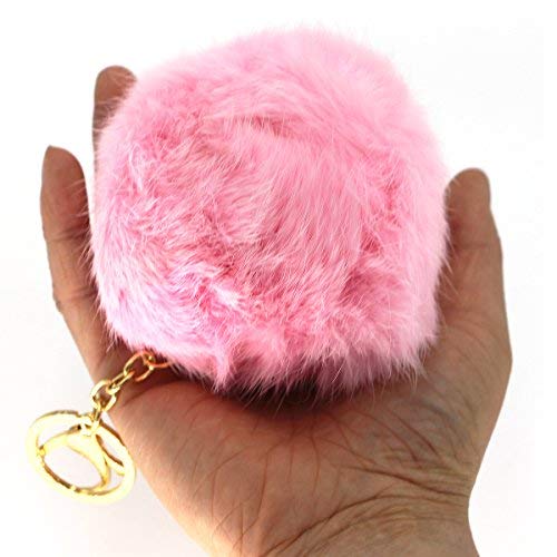 Miraclekoo Rabbit Fur Ball Pom Pom Keychain Gold Plated Keychain With Plush For Car Key Ring Or Handbag Bag Decoration (Pink) #TOP1