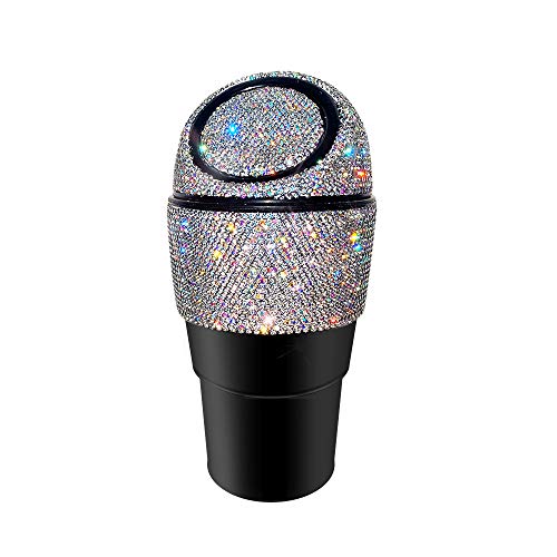Image of Bling Rhinestone Auto Garbage Can Car Trash Can with Lid Mini Garbage Bin for Automotive Car, Home, Office, Kitchen, Bedroom (White)