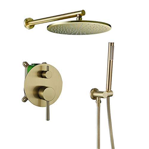 Aioneer 10-Zoll-Luxus-Duschsystem Mit Warm- Und Kaltwasser, Doppelfunktions-Wasserauslass, Wandmontiertes Regendusch-Set Mit Brausekopf, Handbrause, Gebürstetes Gold-Brushed Gold B