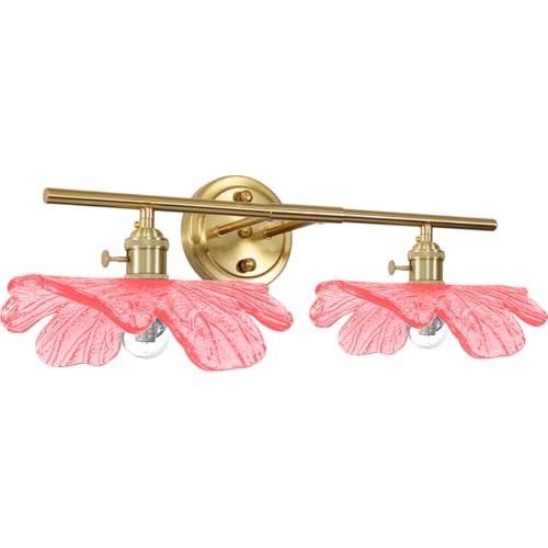 Image of Pink Glass Wall Sconce Light Gold Brass Bathroom Vanity Lights | 2 Light, Bathroom Lights Over Mirror, Vintage, MCM, Grils Room,Bedside,Doorway, E26, Easy to Install, Wall Sconce, Wall Light
