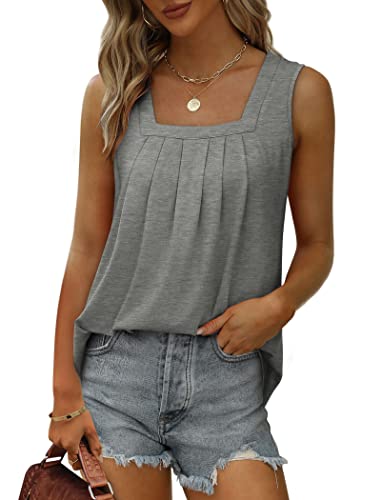 Image of Saloogoe Summer Tank Tops for Women Loose Fit Pleated Square Neck Sleeveless Tops Curved Hem Flowy