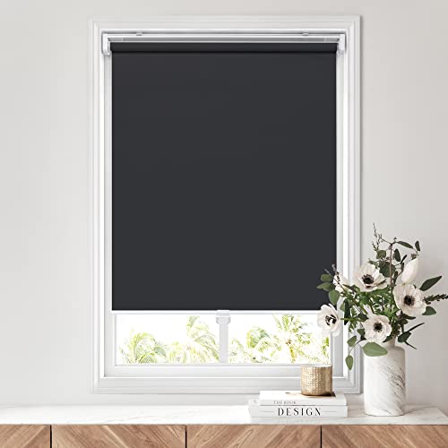 LazBlinds No-Tools No-Drill Cordless 100% Blackout Roller Blinds, Thermal Insulated UV-Protective, 22" W x 72" H, Black