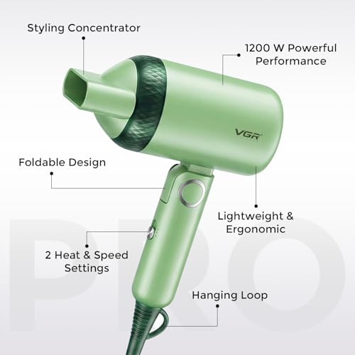 Image of VGR V-421 Foldable Hair Dryer - 1200 Watts, 2 Speed Settings, Dc Motor For Long-Lasting Performance, Overheating Protection, Ergonomic Design For Comfortable Use (Green)