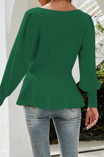 Image of Womens Fall Puff Sleeve Peplum Casual Slim Fit Knit Pullover Sweater Jumper Tops