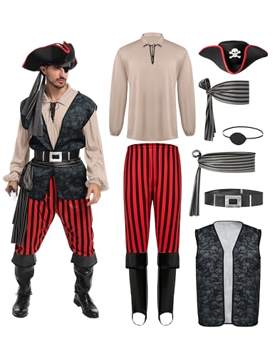 Spooktacular Creations Piratenkostüm für Herren, Khaki-Piratenhemd für Erwachsene, Weste, Wikingerhose, Hut, Zubehör-Set für...