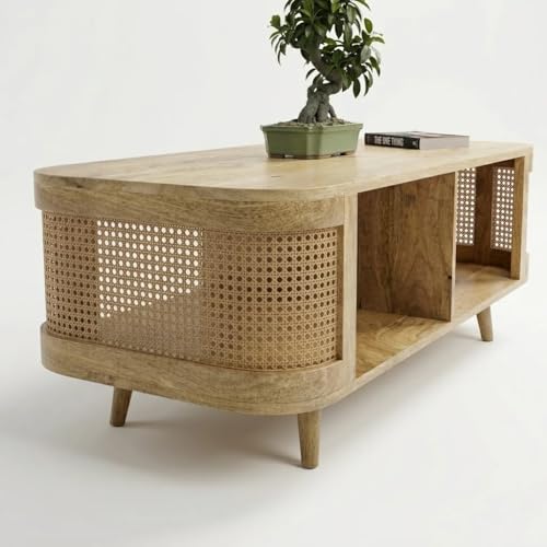 Image of Chuck Rattan Centre Table for Living Room | Designer Oval Coffee Table with Natural Cane | Solid Mango Wood | Natural Matt Finish | Modern Tea Table for Home & Office