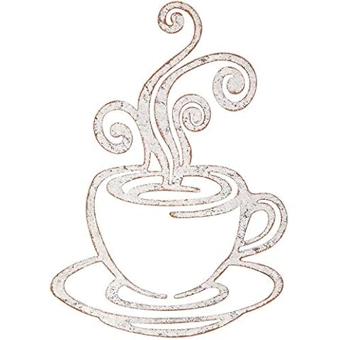 Everydecor White Distressed Coffee Cup with Steam Metal Wall Decor Cover