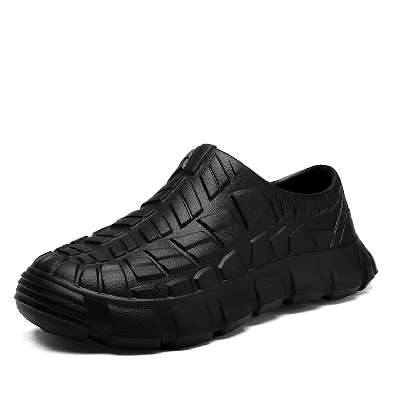 Slip-on Casual Shoes, Black, Textured Rubber Sole, Lightweight Comfort Clogs, Indoor Outdoor Walking Slippers, Waterproof