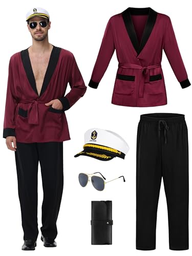 Fancyfun 5 Pcs Halloween Costume Red Silk Robe Jacket Mens Pajama Pants Outfits Captain Hat Accessories cover