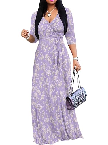 Image of Plus Size Maxi Dress for Women V Neck 3 /4 Sleeve Wrap Dress