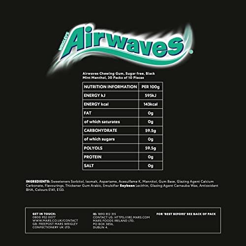 Airwaves Chewing Gum, Sugar free, Black Mint Menthol, 30 Packs of 10 Pieces