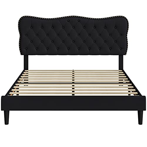 Hostack Full Size Bed Frame, Linen Fabric Upholstered Platform Bed Frame With Adjustable Headboard, Diamond Tufted Mattress Foundation With Wood Slats, Easy Assembly, No Box Spring Needed, Black #TOP6