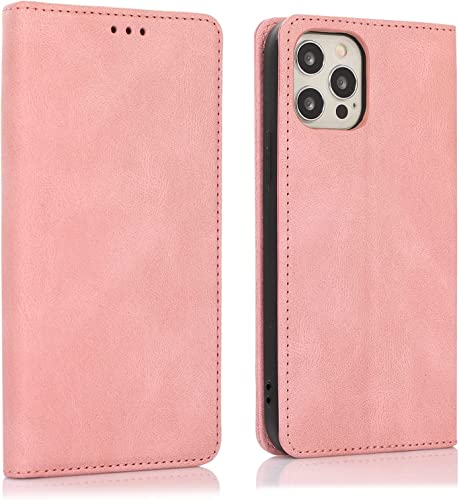 Étui iPhone 14 Pro Max en cuir rose avec fente pour carte et fermeture aimantée