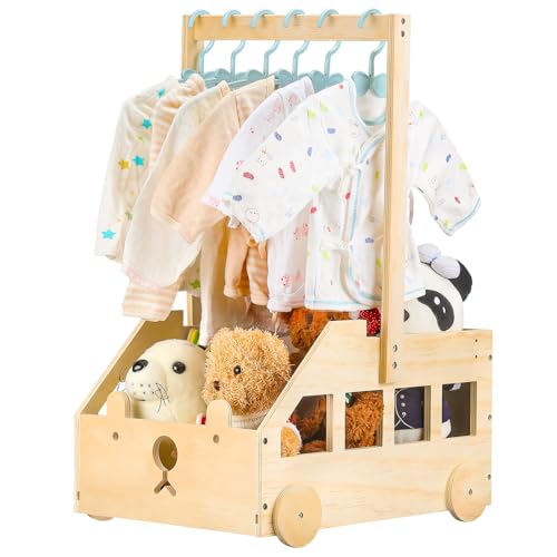 PineapplePapa Customized Wooden Baby Shower Crate Closet Gifts,Baby Shower Basket With Hanger Rack,Personalized New Baby Clothes Wood Boxes Basket with Rolling Wheels