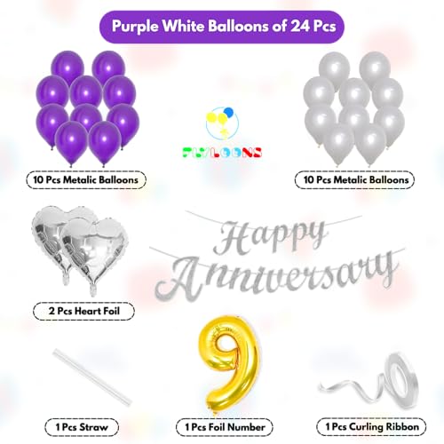 Image of Flyloons 9th Happy Anniversary Decoration Items Purple for Men Women Husband Wife Mom Dad Parent Couple Home Bedroom Car With 20 Pcs Metallic Balloons Anniversary Banner 2 Pcs Heart Set Kit