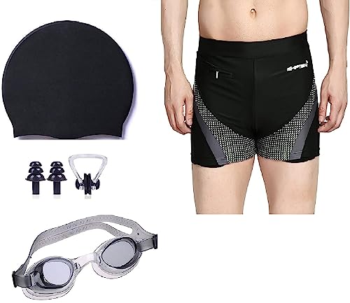 Men’s Swim Trunks Set with Swimming Goggles, Cap, Nose Clip & Ear...