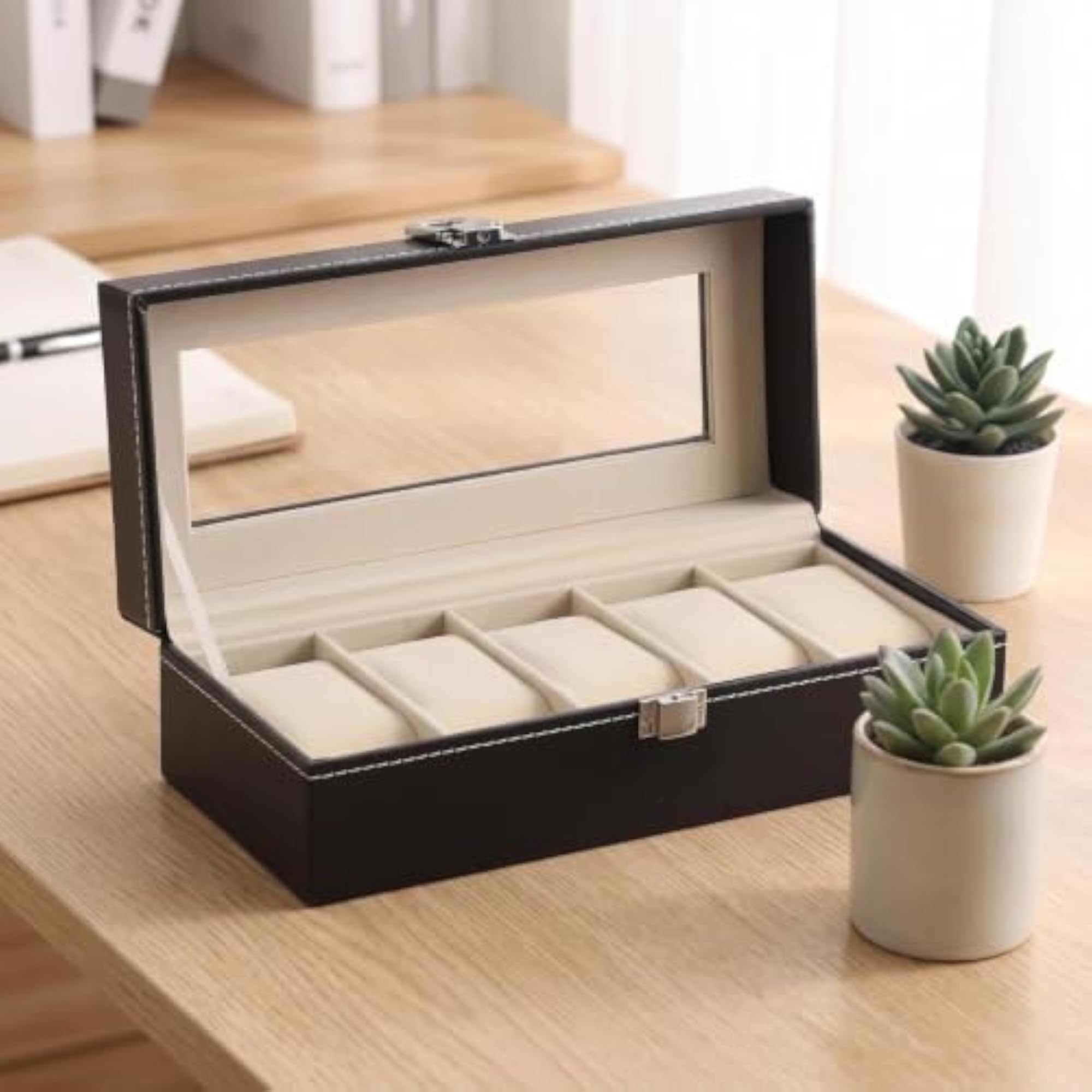 PU Leather Watch Display Box with Glass Lid