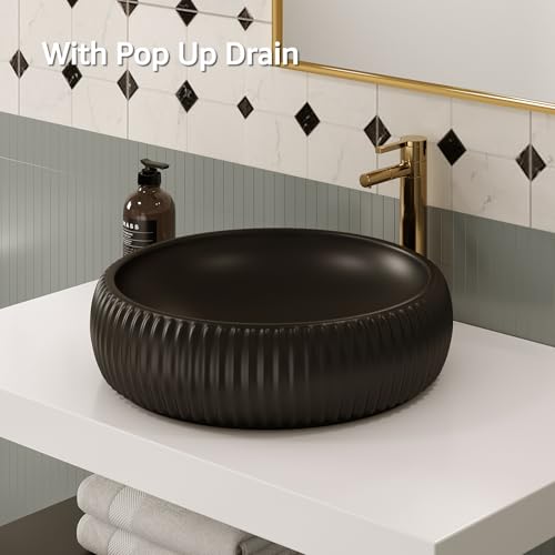 ELLAI Round Vessel Sink Bathroom Sink Porcelain Ceramic Countertop Sink, Matte Black with Pop Up Drain 16.5\'\'x4.9\'\'