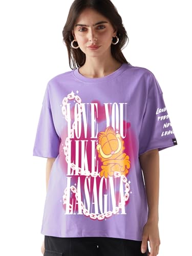 Image of Bewakoof X Garfield Garfield Women's 100% Cotton Graphic Print Oversized Fit Half Sleeve V-Neck T-Shirt | Casual wear | Streetwear | Oversized Tshirt for Woman Cotton| Baggy